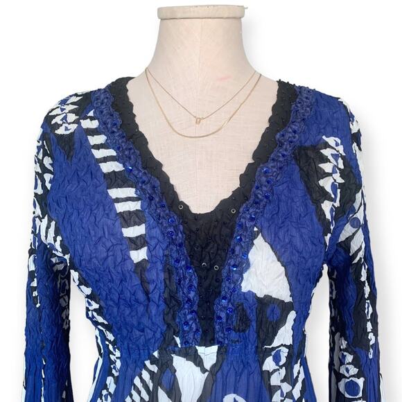 ALBERTO MAKALI 90's VINTAGE Tunic Top V-Neck Sparkle Crinkled Blouse Lace M - Picture 2 of 11